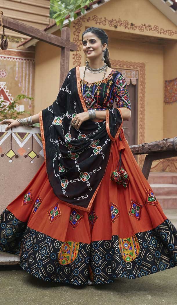 Orange Viscose Rayon Embroidered Navratri Chaniya Choli – 146229863