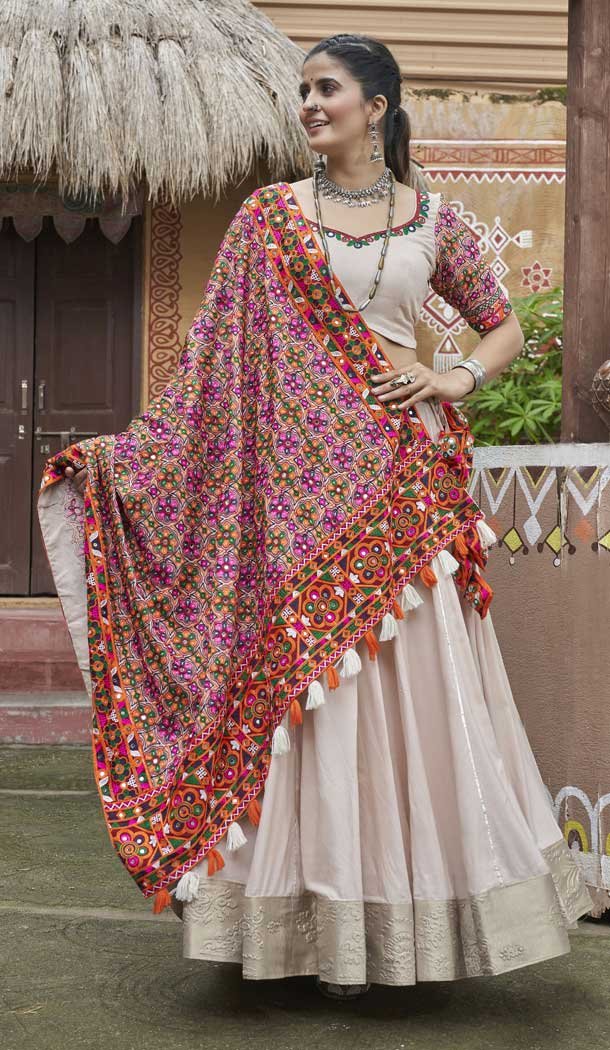 Beige Viscose Rayon Embroidered Navratri Chaniya Choli – 146229865