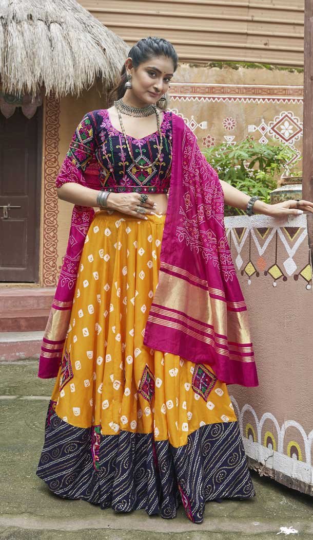 Yellow Muslin Cotton Embroidered Navratri Chaniya Choli – 146229866