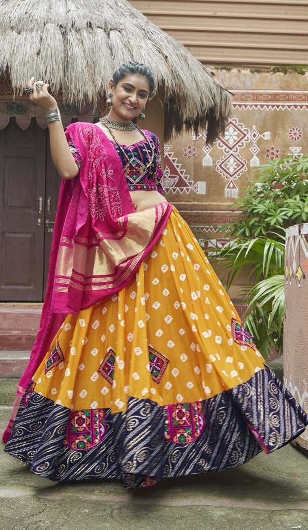 Yellow Muslin Cotton Embroidered Navratri Chaniya Choli – 146229866