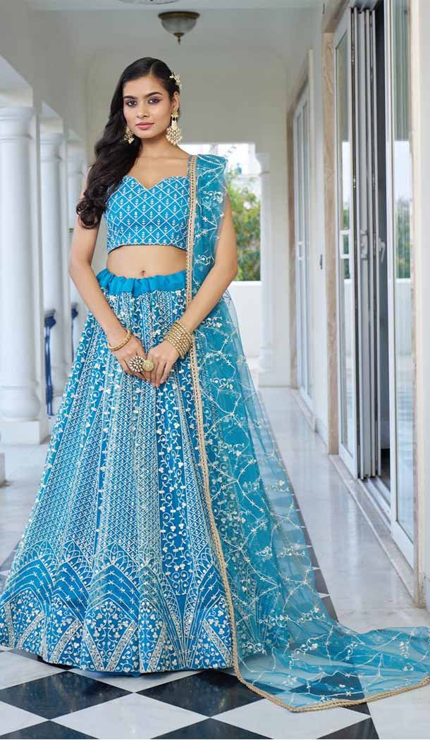 Sky Blue Butterfly Net Embroidered Party Wear Lehenga Choli -143868387