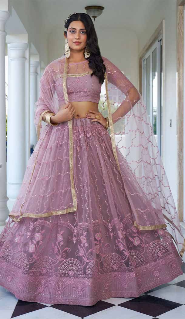 Dusty Pink Butterfly Net Embroidered Party Wear Lehenga Choli -143868388