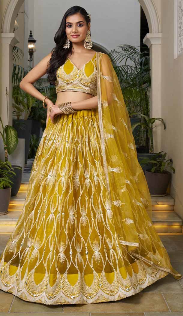 Mustard Butterfly Net Embroidered Party Wear Lehenga Choli -143868389