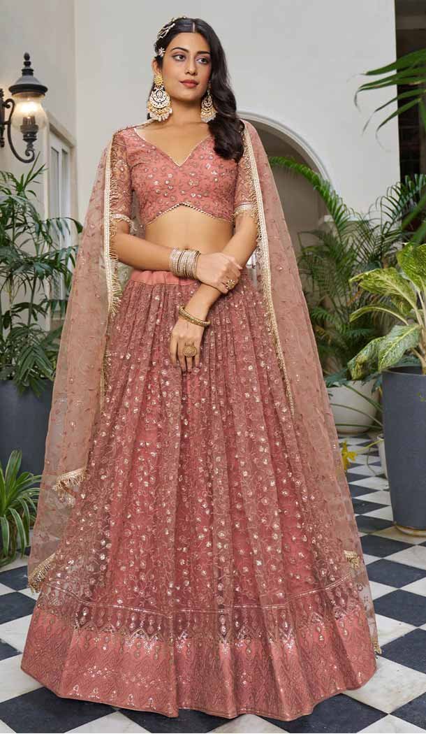 Rust Butterfly Net Embroidered Party Wear Lehenga Choli -143868390