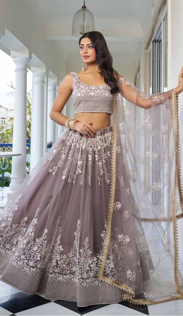 Dusty Brown Butterfly Net Embroidered Party Wear Lehenga Choli -143868391