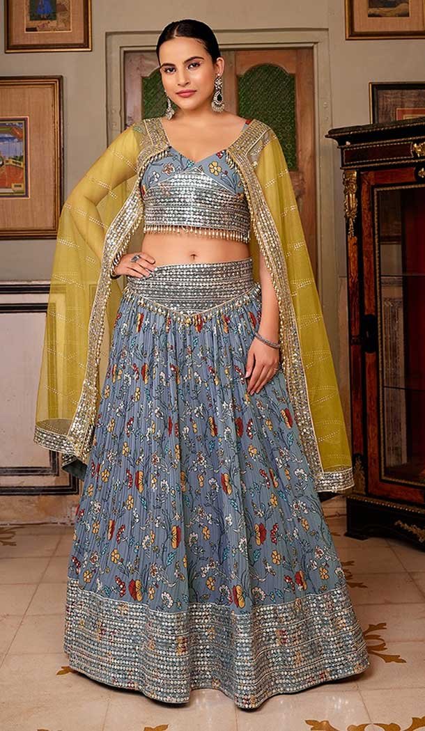 Georgette Embroidery Work Party Wear Lehenga Choli In Grey – 9367186877