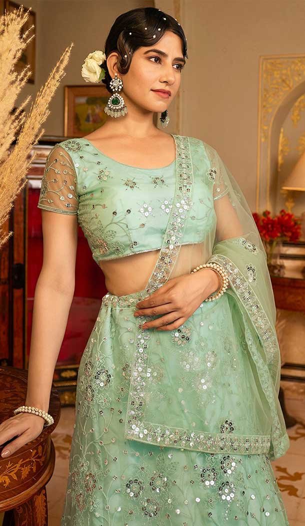 Georgette Embroidery Work Party Wear Lehenga Choli In Pista Green – 9367186878