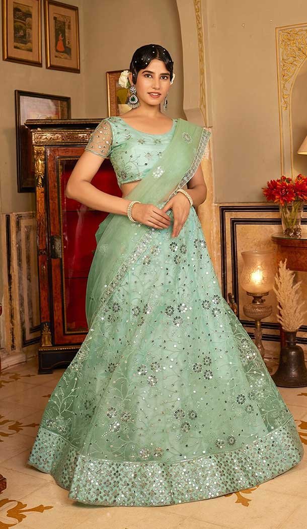 Georgette Embroidery Work Party Wear Lehenga Choli In Pista Green – 9367186878