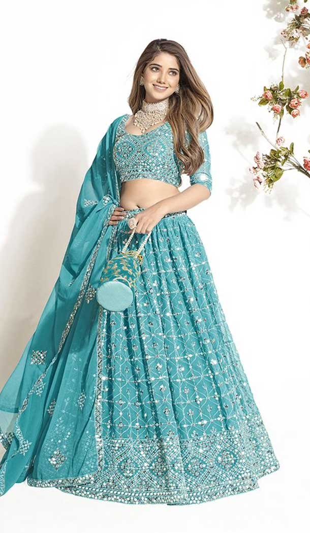 Aqua Blue Georgette Embroidery Work Traditional Lehenga Choli – 9368186882