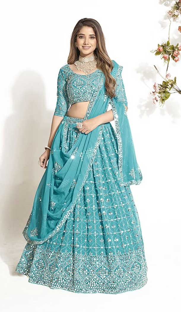 Aqua Blue Georgette Embroidery Work Traditional Lehenga Choli – 9368186882