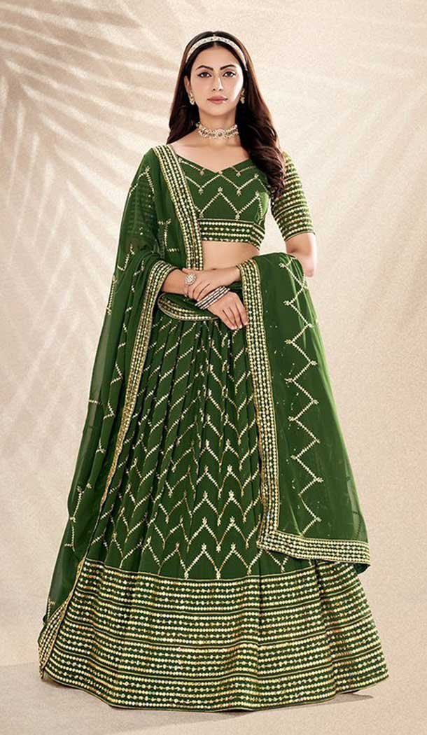 Mehendi Green Georgette Embroidery Work Traditional Lehenga Choli – 9368186885