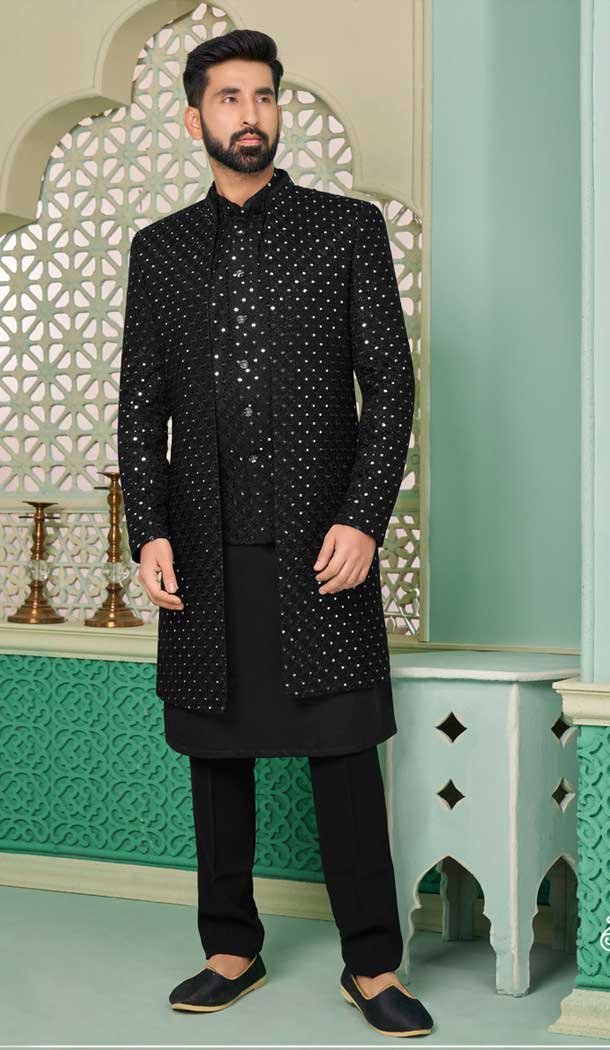 Black Velvet Embroidered Function Wear Readymade Men’s Indo Western – 9376186931