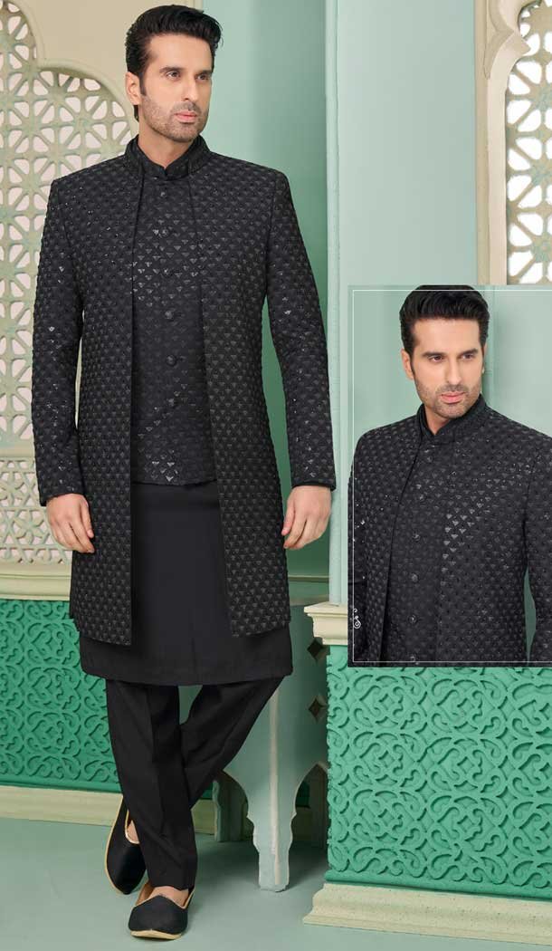 Black Banarasi Silk Embroidered Function Wear Men’s Indo Western – 9376186933