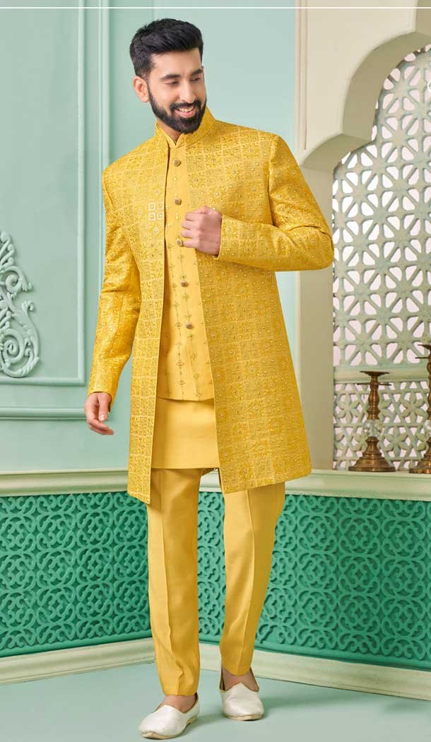 Yellow Banarasi Silk Resham Work Function Wear Men’s Indo Western – 9376186934