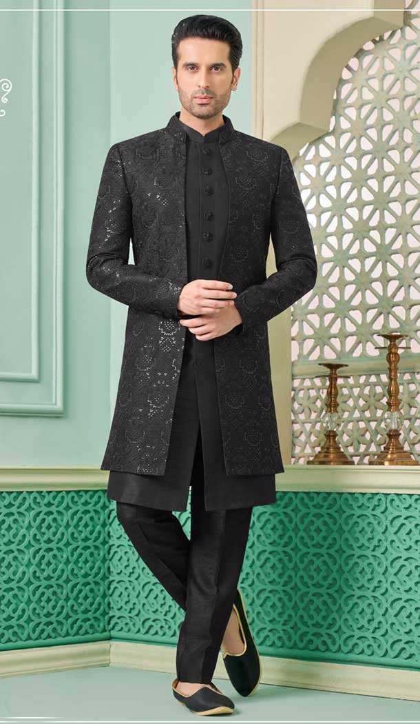 Banarasi Silk Embroidered Function Wear Men’s Indo Western In Black – 9376186935