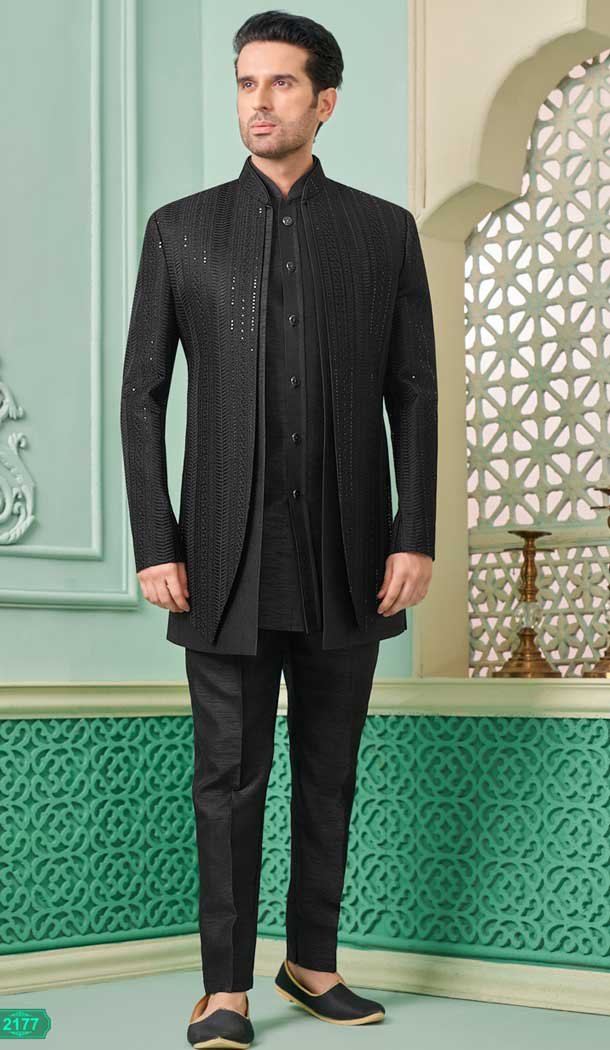 Banarasi Silk Black Embroidered Function Wear Men’s Indo Western – 9376186936