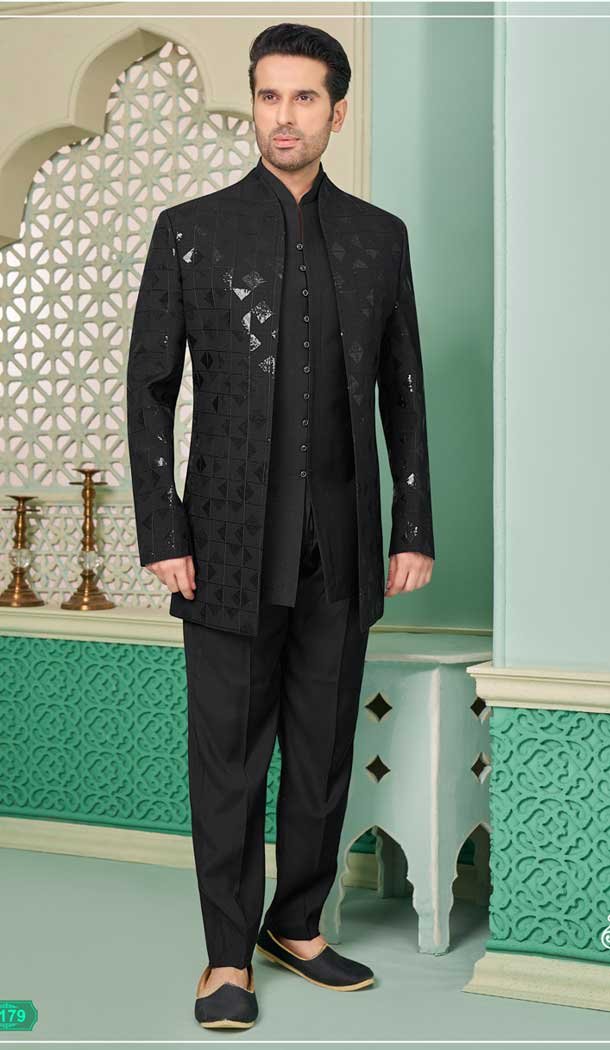 Black Banarasi Silk Resham Work Function Wear Men’s Indo Western – 9376186937