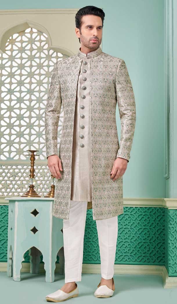 Grey Banarasi Silk Resham Work Function Wear Men’s Indo Western – 9376186938