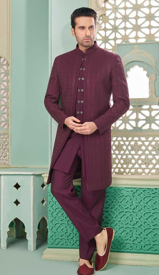 Wine Banarasi Silk Resham Work Function Wear Men’s Indo Western – 9376186940