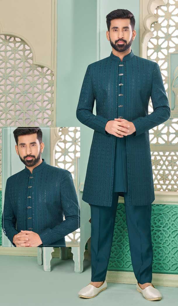 Rama Blue Banarasi Silk Embroidered Function Wear Men’s Indo Western – 9376186941