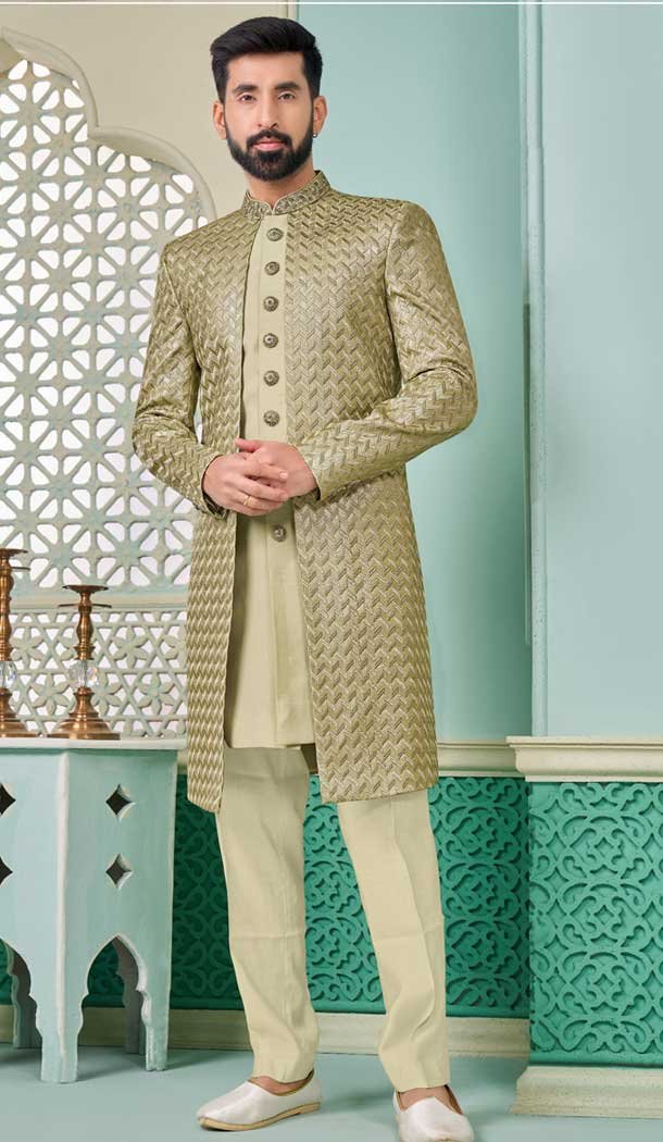 Mehendi Green Banarasi Silk Resham Work Function Wear Men’s Indo Western – 9376186942