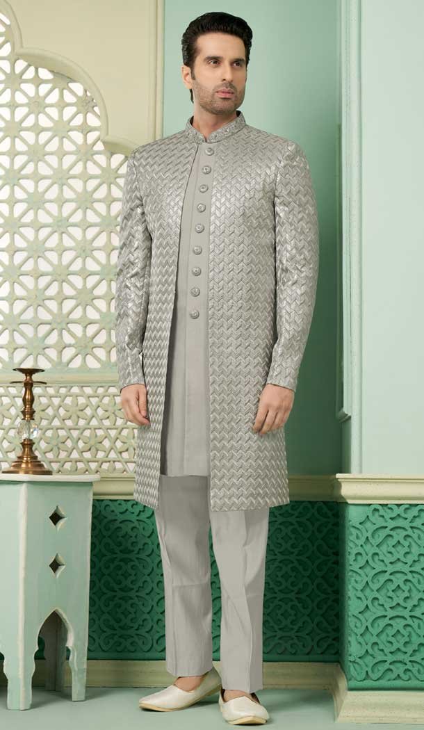 Grey Banarasi Silk Sequins Work Function Wear Men’s Indo Western – 9376186943