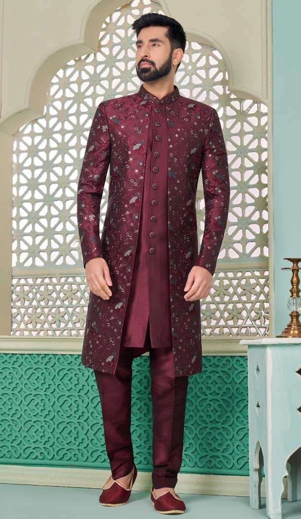 Dark Maroon Banarasi Silk Resham Work Function Wear Men’s Indo Western – 9376186944