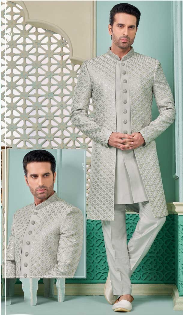 Banarasi Silk Sequins Work Function Wear Men’s Indo Western In Grey – 9376186946