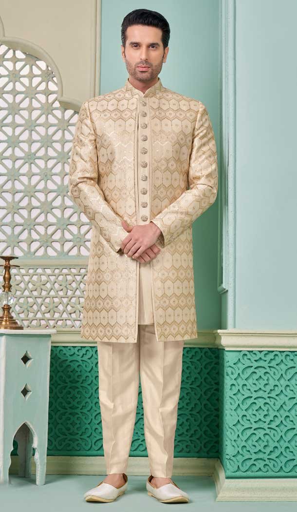 Light Gold Banarasi Silk Resham Work Function Wear Men’s Indo Western – 9376186948