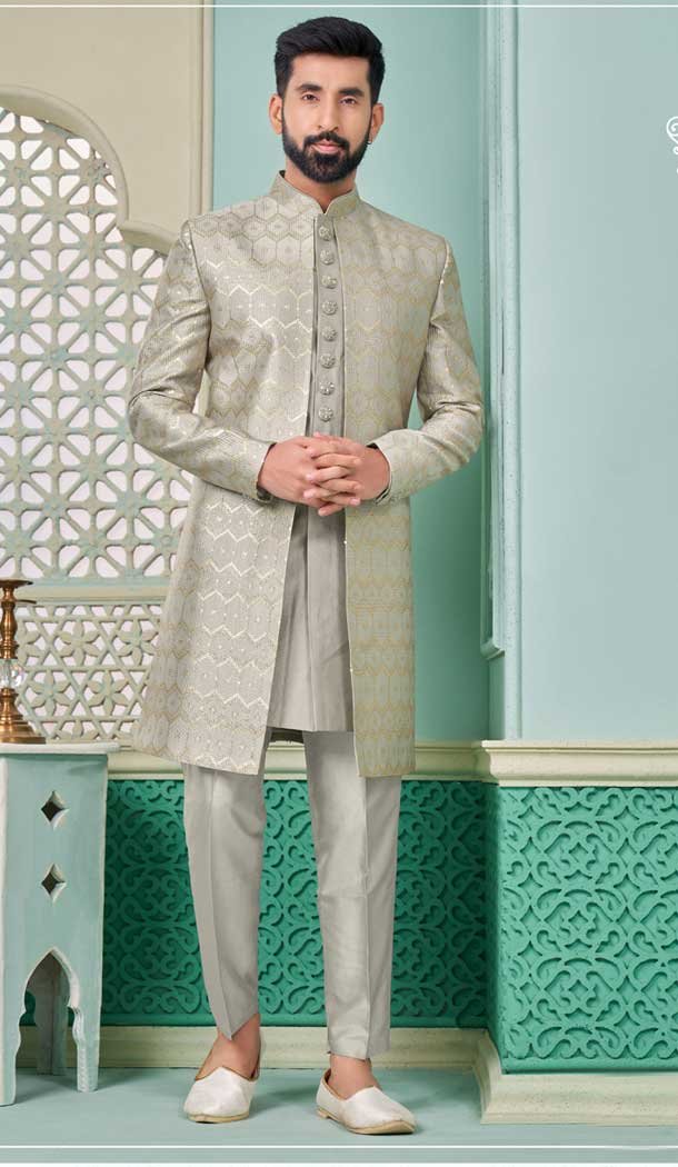 Banarasi Silk Resham Work Function Wear Grey Men’s Indo Western – 9376186949