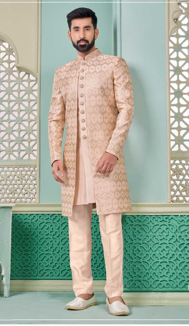 Pink Banarasi Silk Resham Work Function Wear Men’s Indo Western – 9376186950