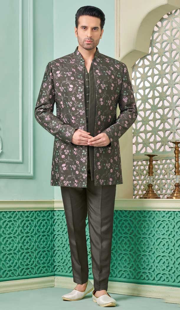 Brown Banarasi Silk Embroidered Function Wear Men’s Indo Western – 9376186951