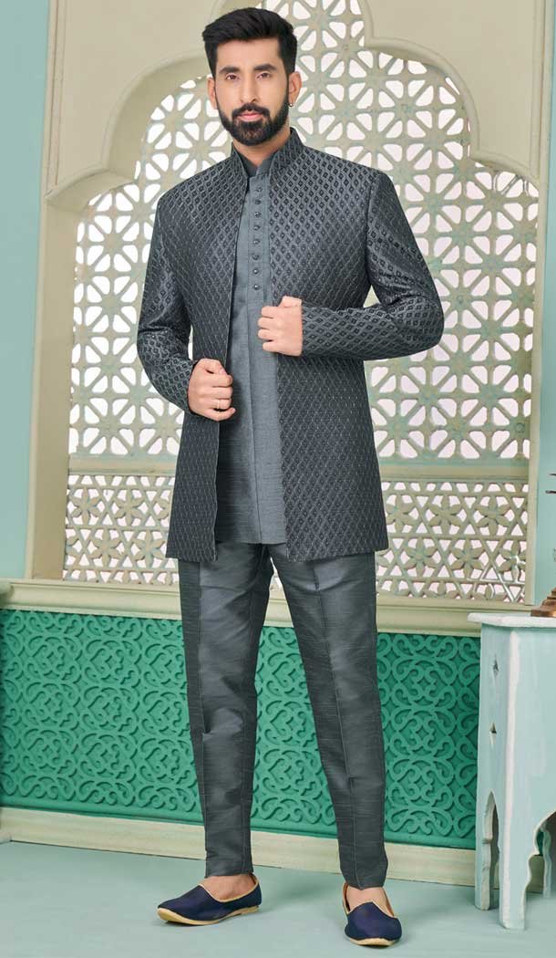 Grey Banarasi Silk Resham And Sequins Work Function Wear Men’s Indo Western – 9376186952