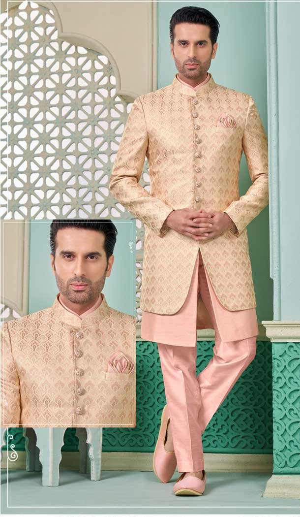 Pink Banarasi Silk Woven Work Function Wear Men’s Indo Western – 9376186953