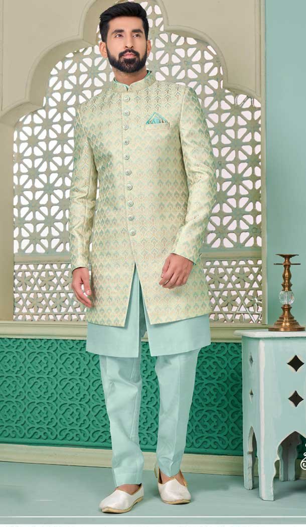 Sky Blue Banarasi Silk Woven Work Function Wear Men’s Indo Western – 9376186954