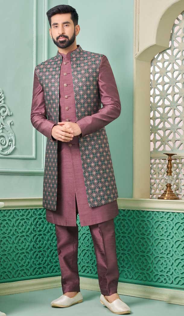 Wine Banarasi Silk Woven Work Function Wear Men’s Indo Western – 9376186955