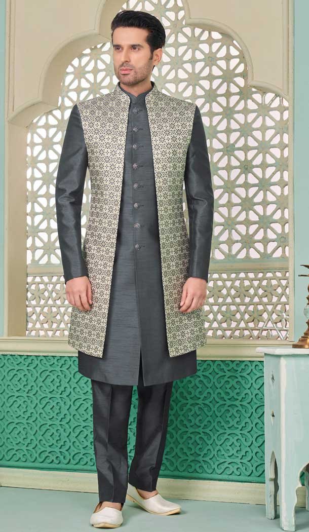 Grey Banarasi Silk Woven Work Function Wear Men’s Indo Western – 9376186956