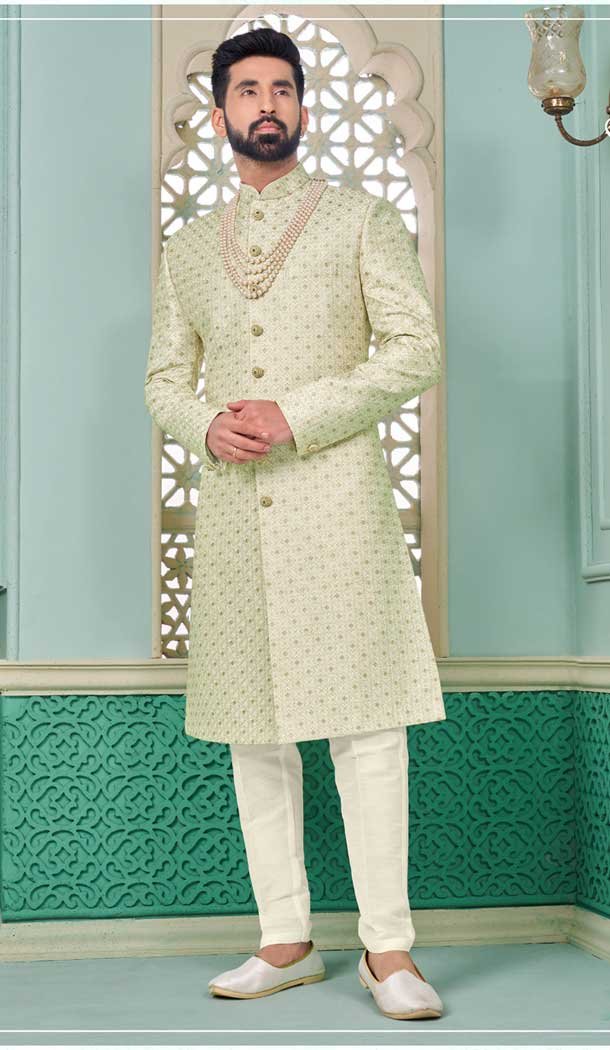 Cream Banarasi Silk Embroidered Function Wear Men’s Indo Western – 9376186957