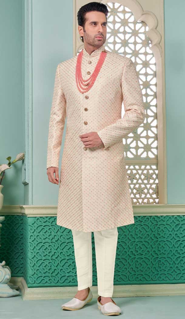 Pink Banarasi Silk Embroidered Function Wear Men’s Indo Western – 9376186958