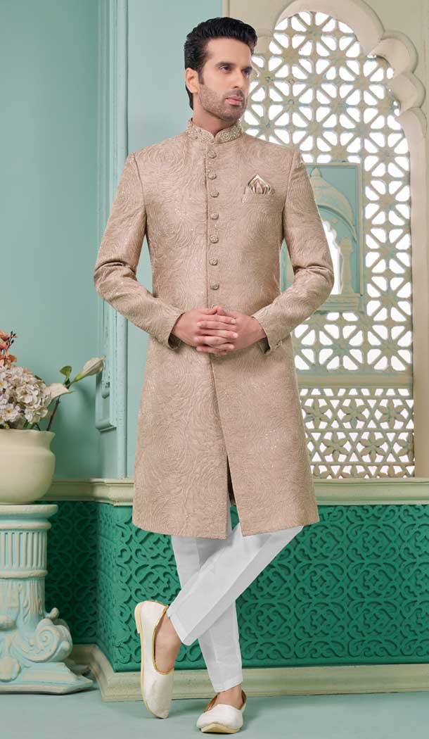 Onion Color Banarasi Silk Embroidered Function Wear Men’s Indo Western – 9376186959