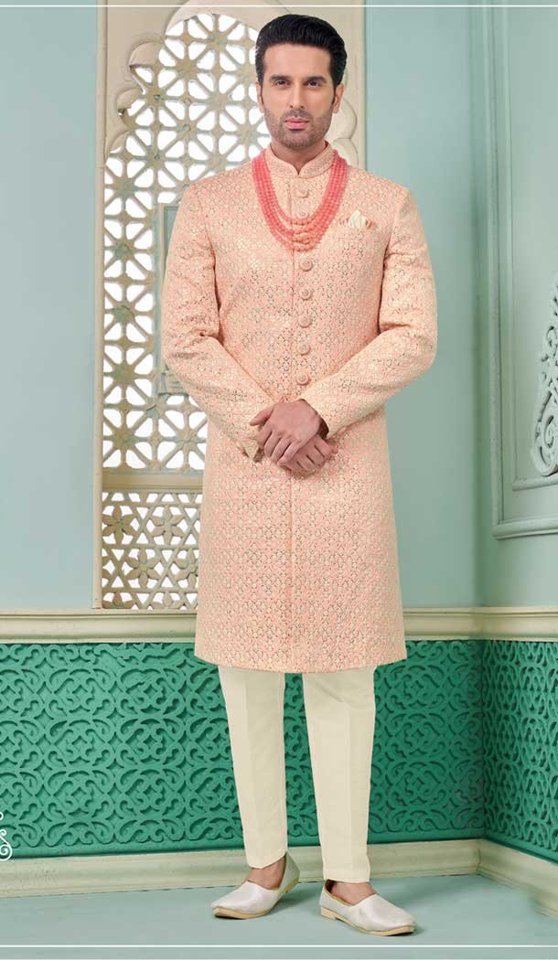 Peach Banarasi Silk Resham Work Function Wear Men’s Indo Western – 9376186960