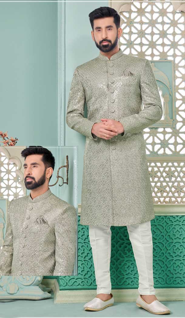 Grey Banarasi Silk Embroidered Function Wear Men’s Indo Western – 9376186961