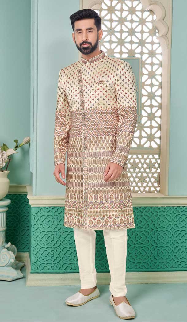 Light Peach Banarasi Silk Resham Work Function Wear Men’s Indo Western – 9376186962