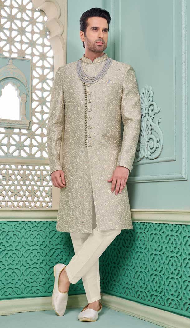 Banarasi Silk Resham Work Grey Function Wear Men’s Indo Western – 9376186963