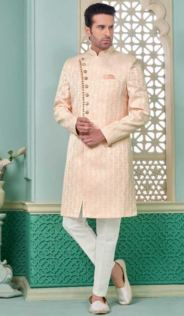 Peach Banarasi Imported Fabric Woven Work Function Wear Men’s Indo Western – 9376186965