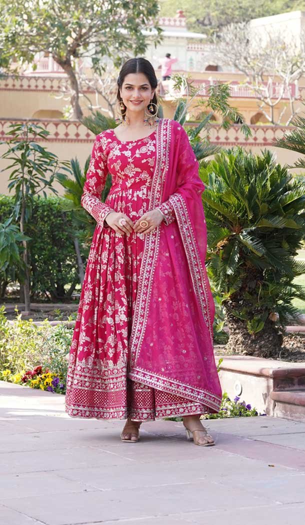 Viscose Embroidery Work Readymade Party Wear Gown In Pink – 9382186989