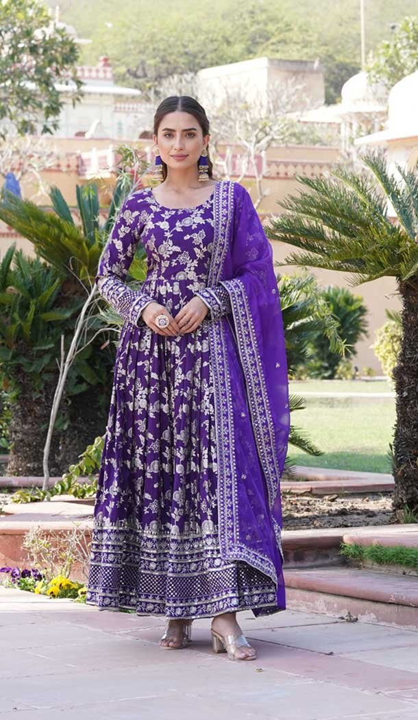 Viscose Embroidery Work Readymade Party Wear Gown In Purple – 9382186990