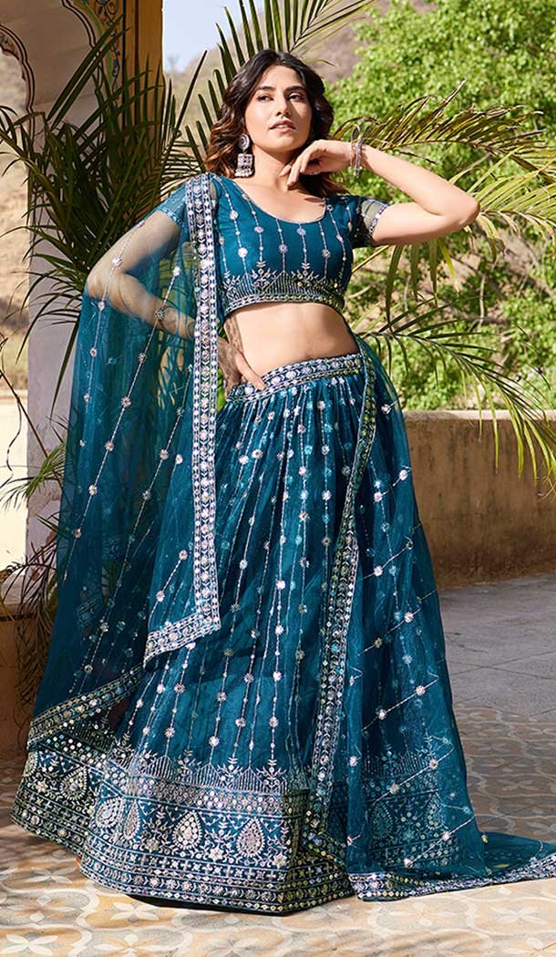 Teal Blue Net Embroidery Work Party Wear Lehenga Choli – 9397187053