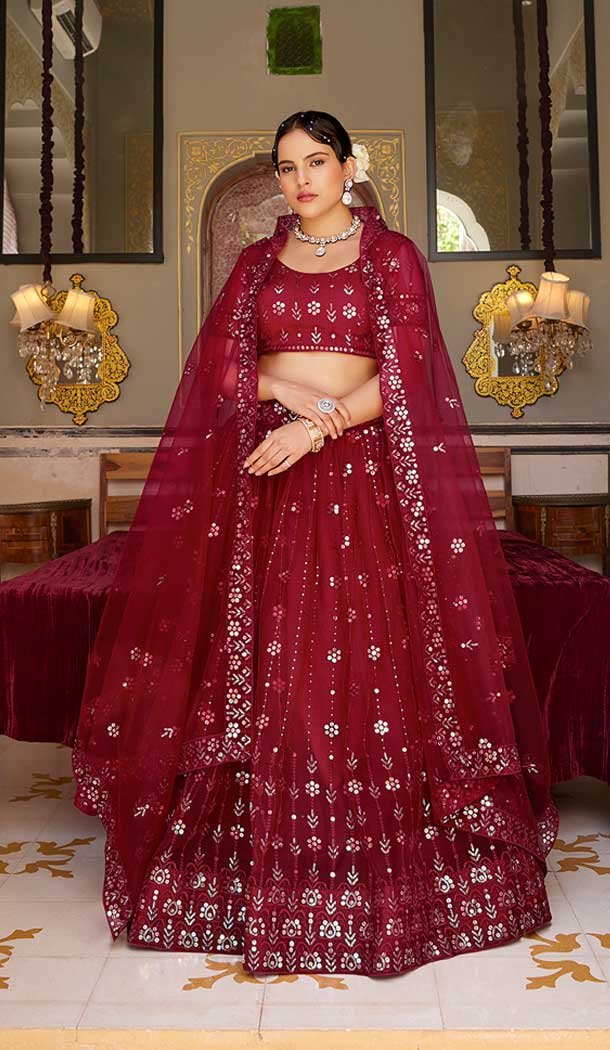 Maroon Net Embroidery Work Party Wear Lehenga Choli – 9397187056