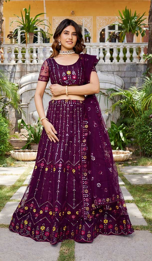 Plum Purple Net Embroidery Work Party Wear Lehenga Choli – 9397187057